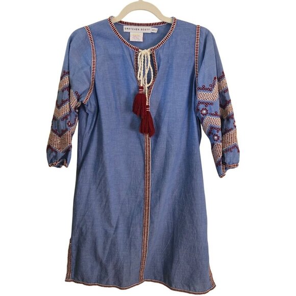 Gretchen Scott Odessa Shift Dress Embroidered Tassel Tie Elbow Sleeve Size S - Picture 2 of 11